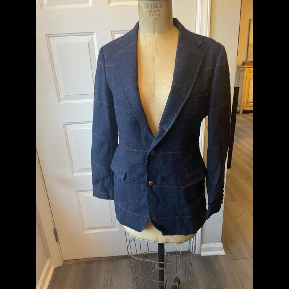 Vintage Polo Ralph Lauren 1970s Navy Plaid Wool Blazer Riding Jacket Womens S